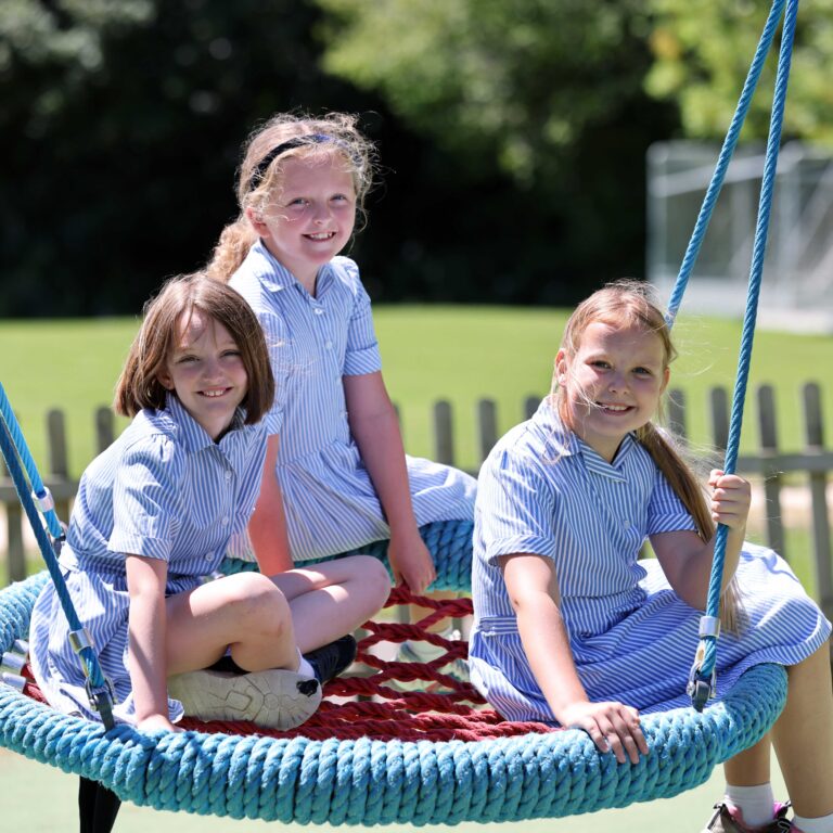 Three girls in blue striped dresses sit on a large circular rope swing outdoors, smiling at the camera with a wooden fence and green field in the background.